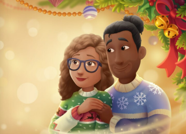 Two customised Christmas avatars of a couple, a page from a personalised Christmas book for boyfriends and girlfriends.