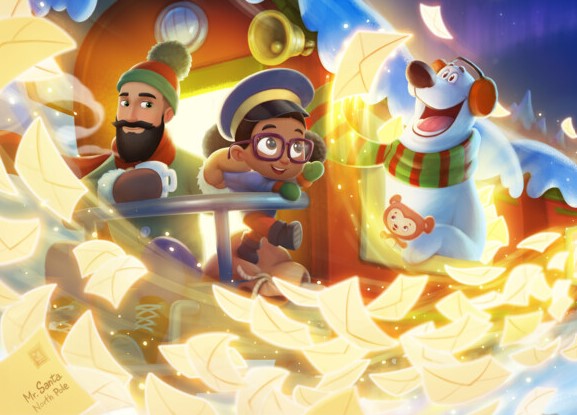 A father and child ride the polar express to the North Pole, an illustration from a personalized xmas book for dad and child.