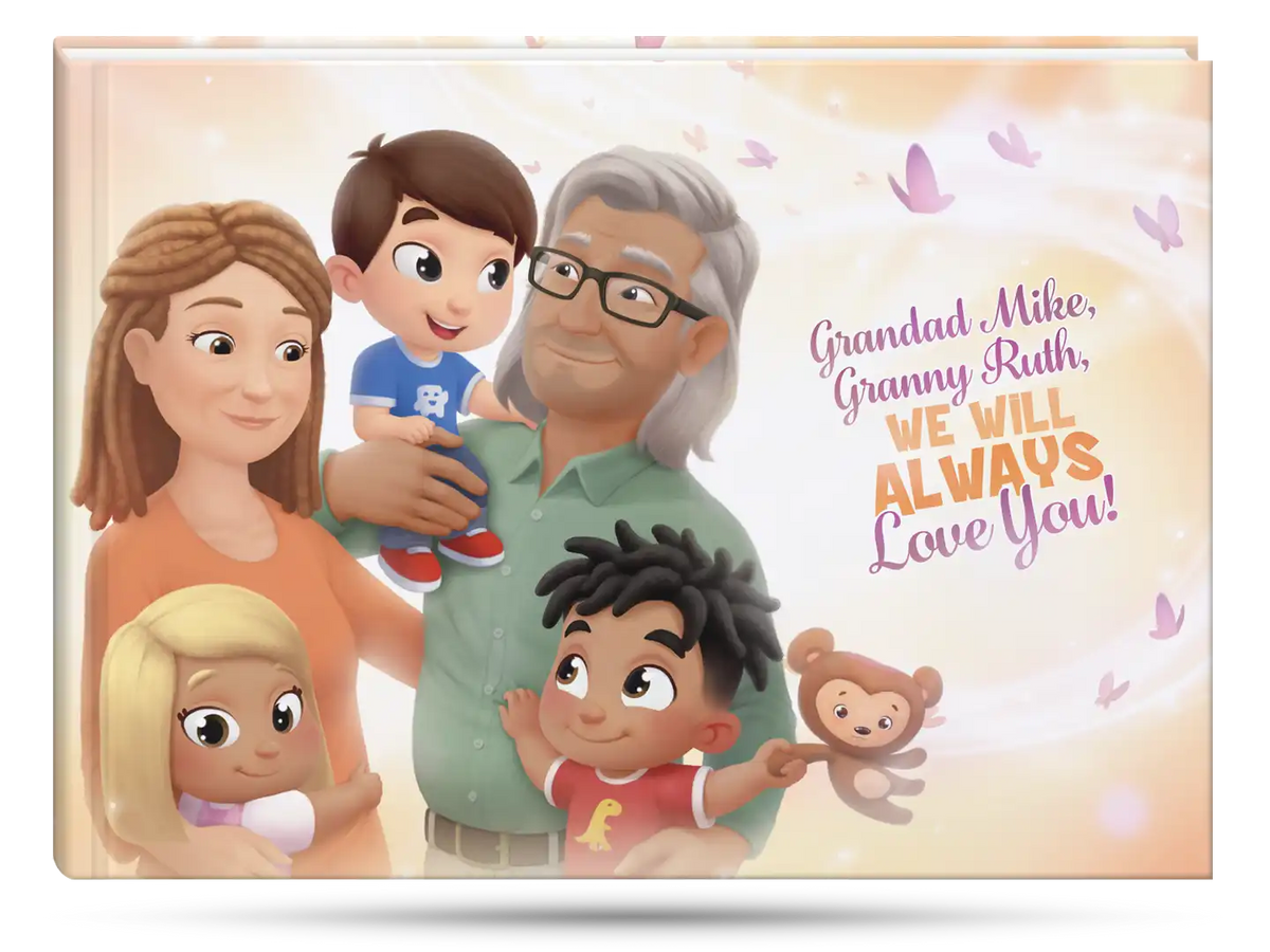 Cover of the personalized book for grandparents and 3 kids.