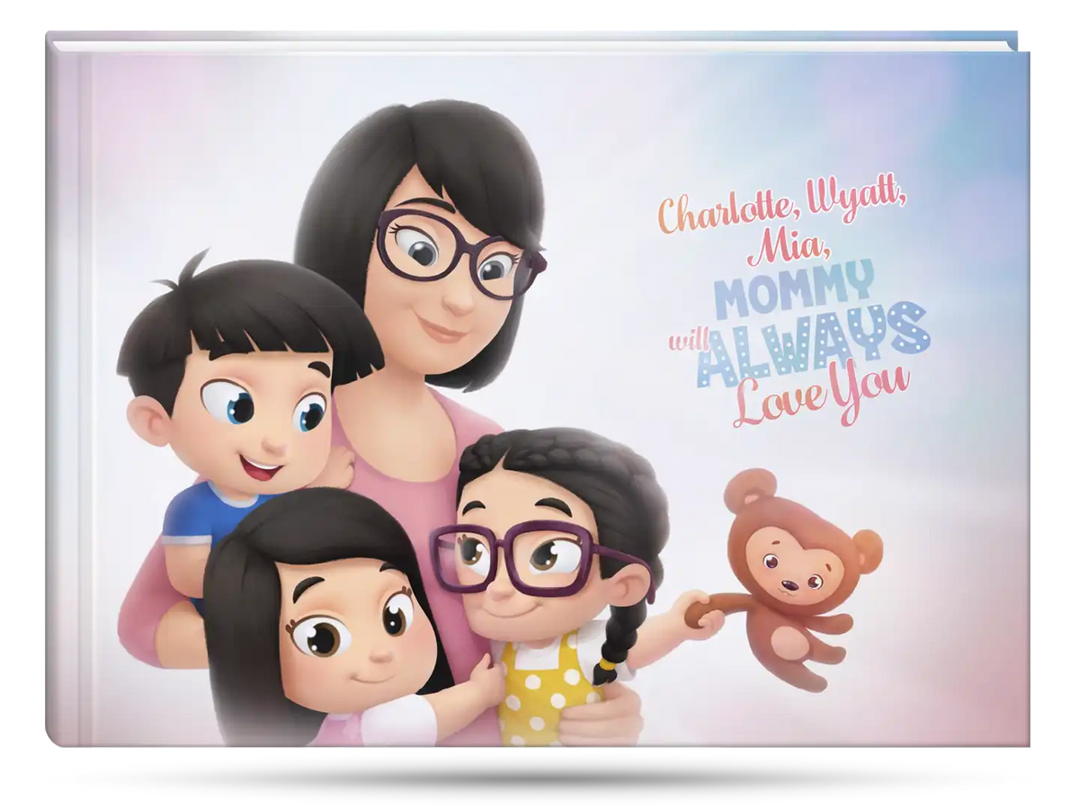 Personalized storybook for mom and her three kids with 10 emotional stories.