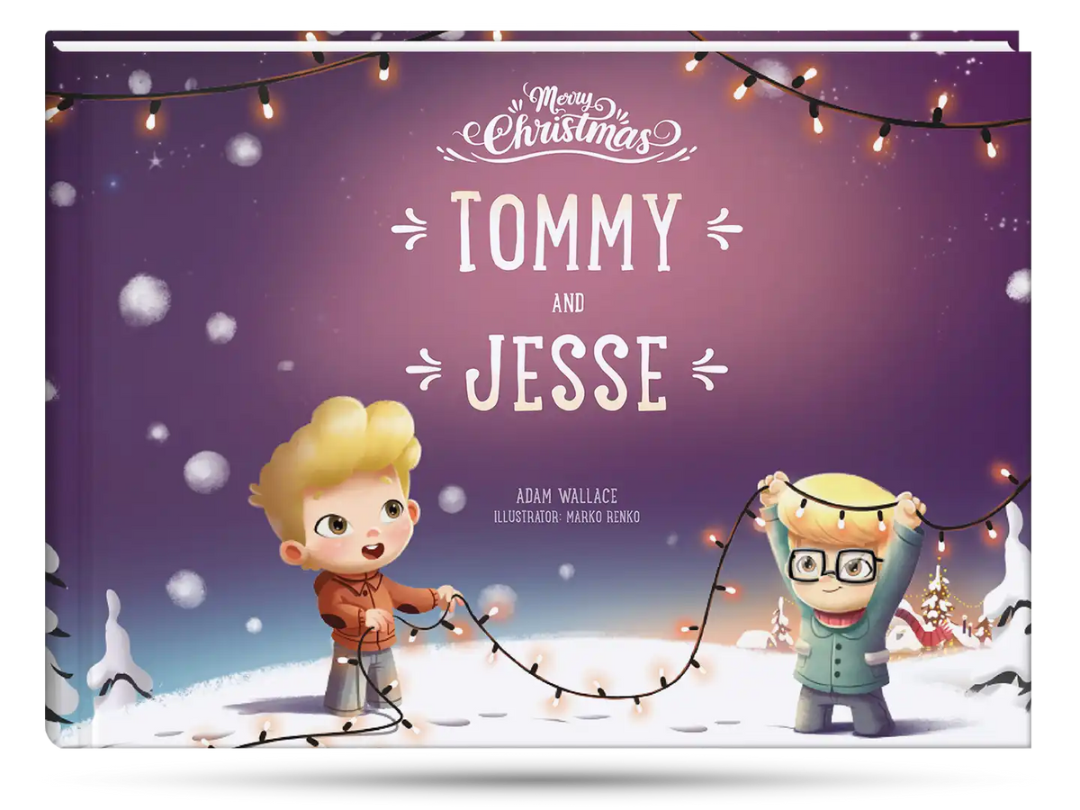 The cover of personalized Christmas book for two kids including two boys.