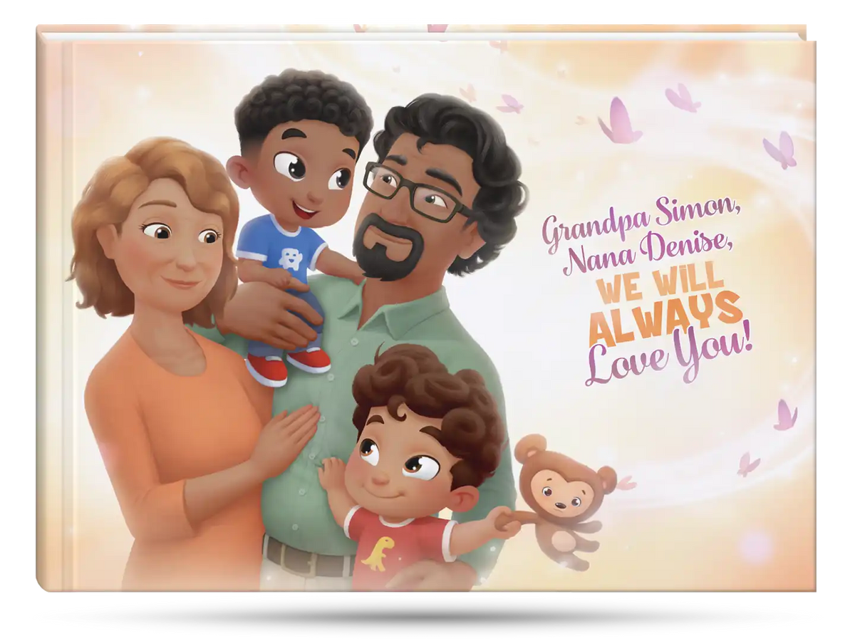 Two grandsons with granny and grandpa on the cover of the best personalized gift idea for grandmother's day.