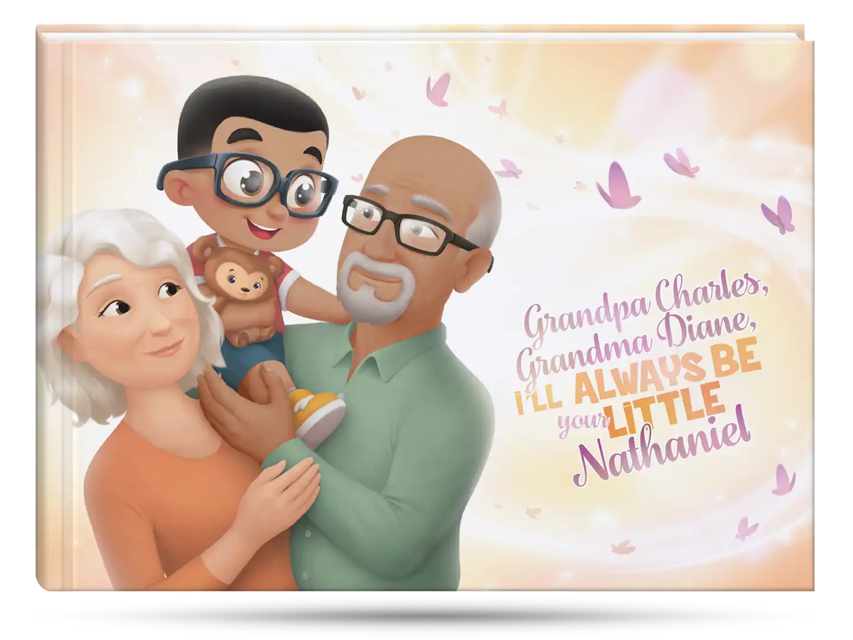 In this personalized book for grandparents, granny, grandpa and a grandkid are gathered.
