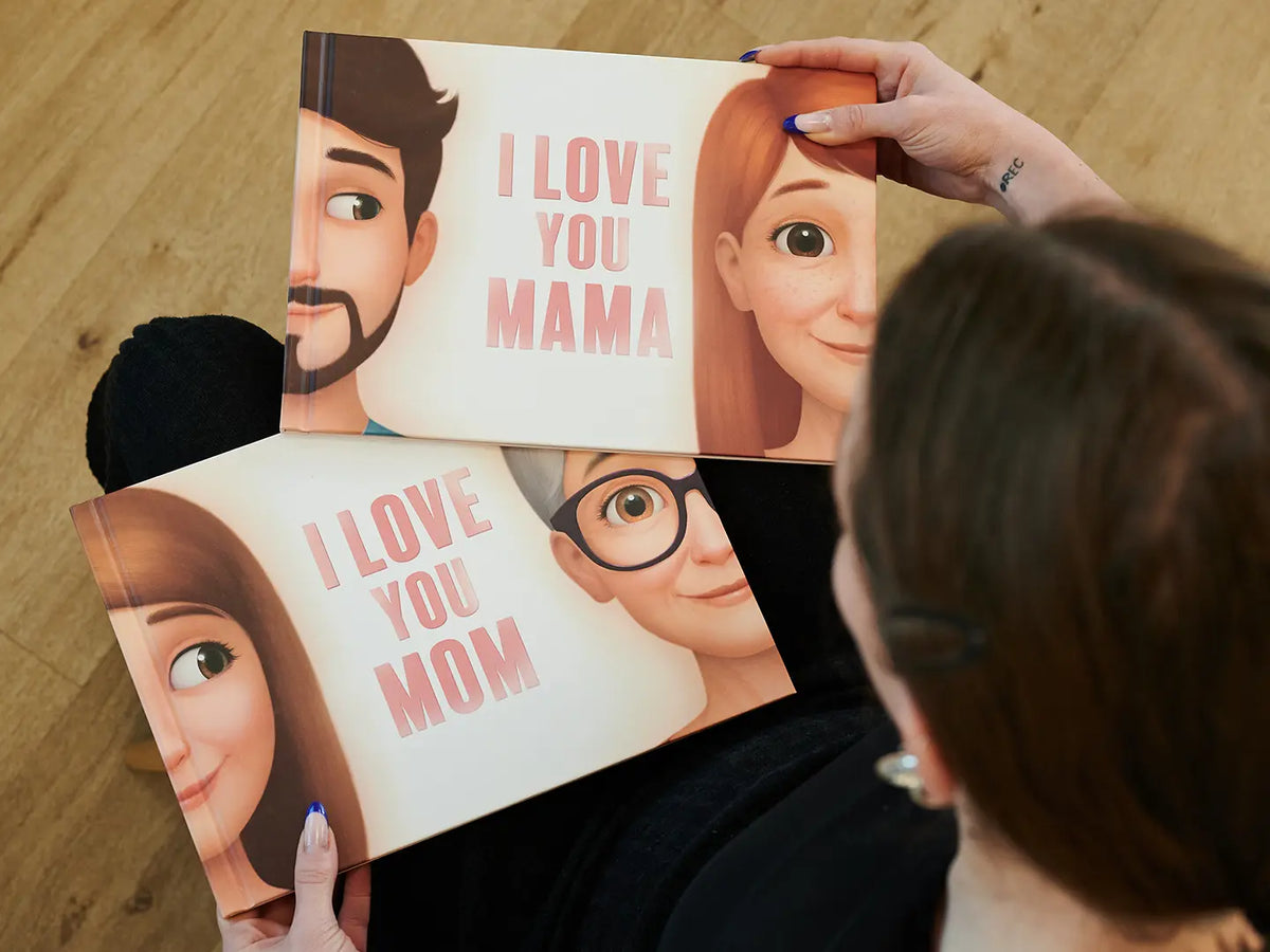 Woman holding a personalized book titled 'I Love You, Mom,' which is the best gift for a mom.