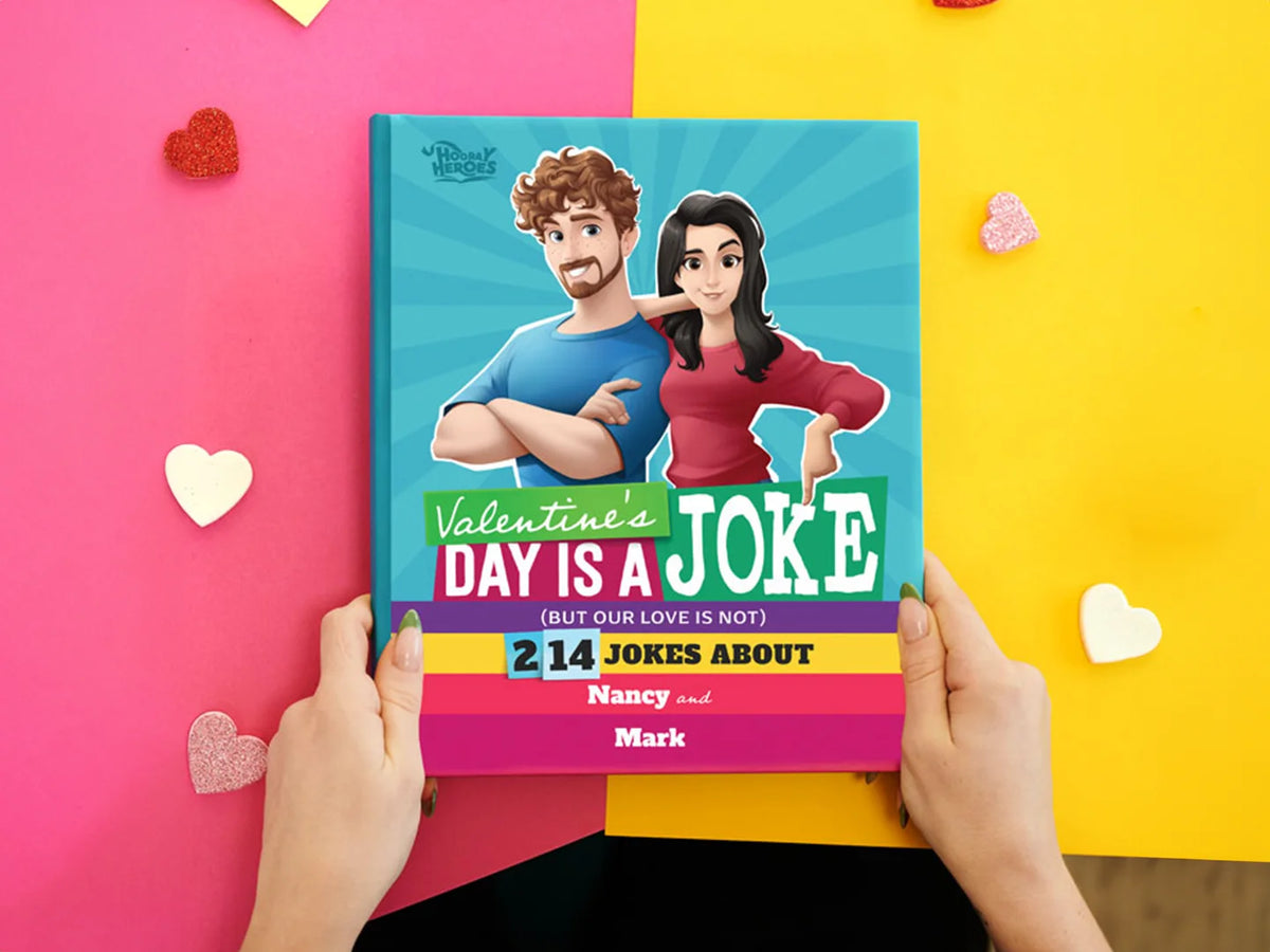 Personalized book of funny Valentine's day jokes with a couple personalized on the cover is the best gift for your boyfriend.