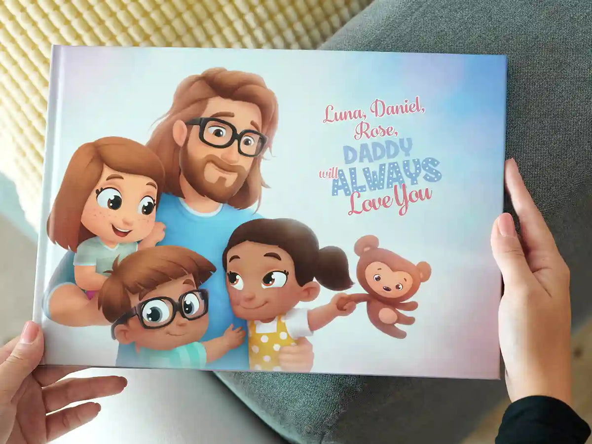 Woman holding the personalized book for father and three children by Hooray Heroes.