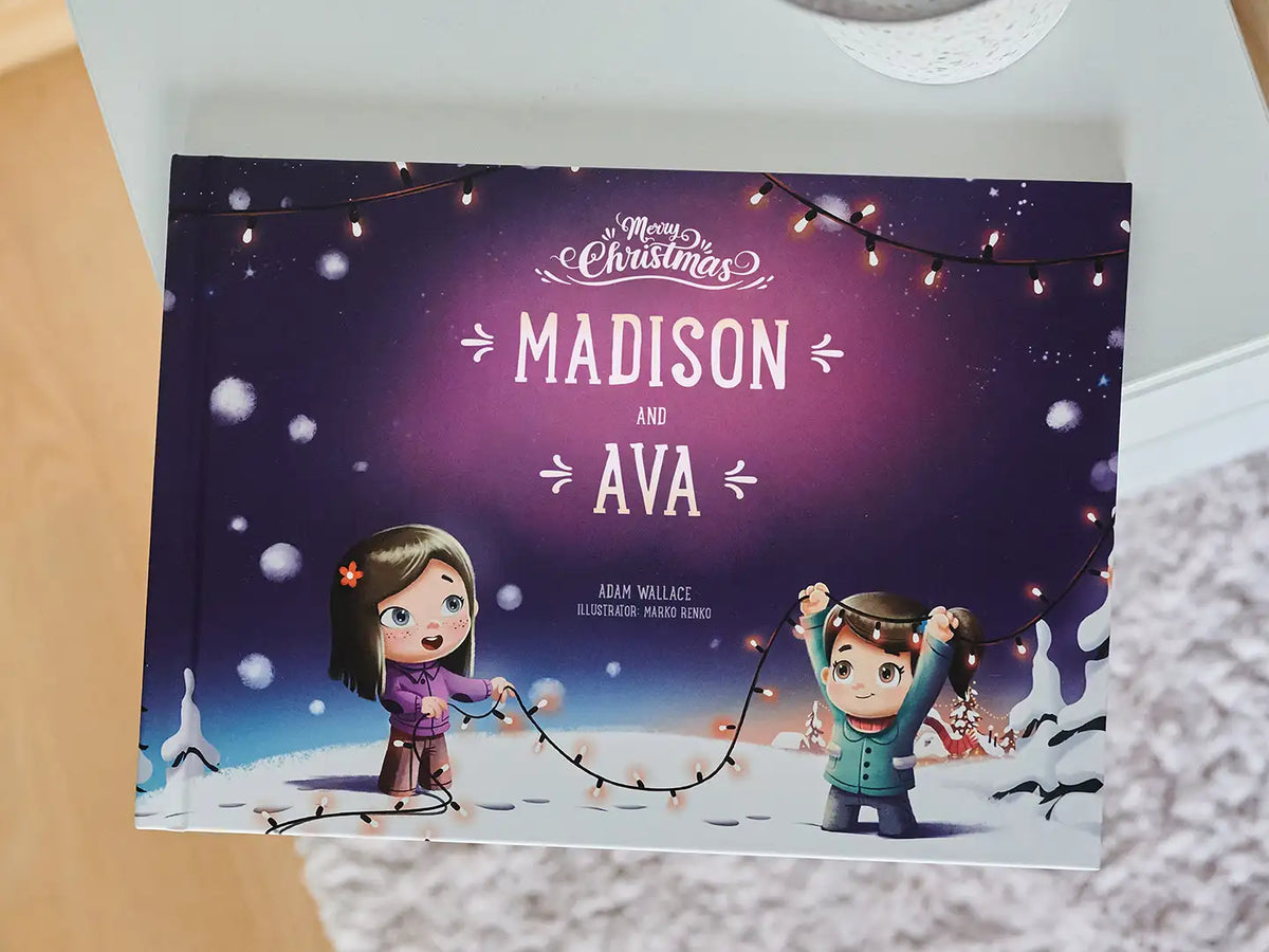 The cover of the personalized storybook about Christmas for two kids.