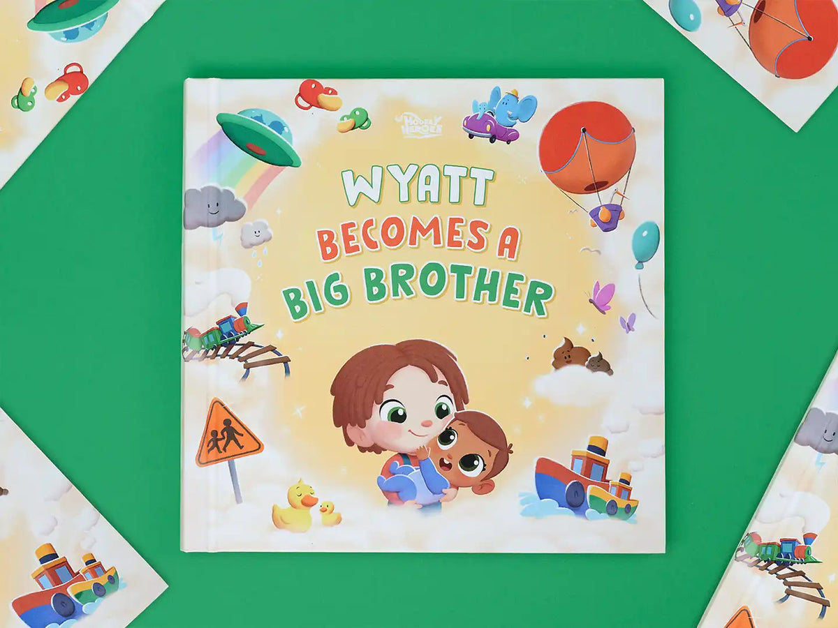 The cover of Hooray Heroes' new personalized book for kids becoming a brother.