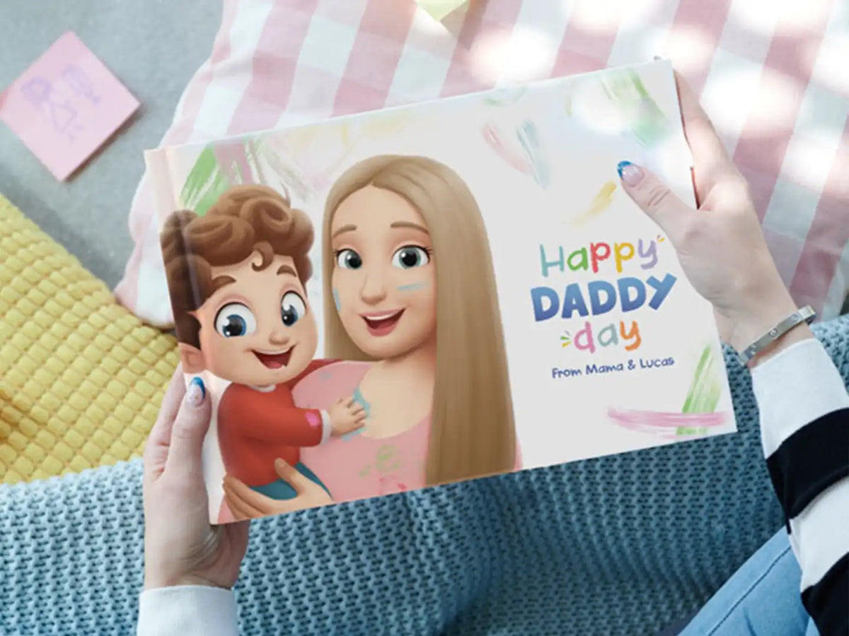 Cover of 'Happy Daddy Day,' a personalized book for dad, with kid and mom on the cover.