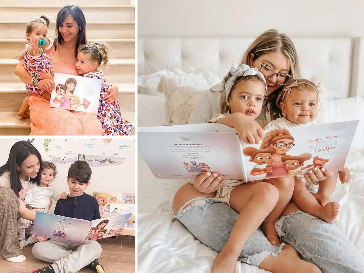 Siblings are excitingly looking at their personalized characters in the customized book for moms and kids.