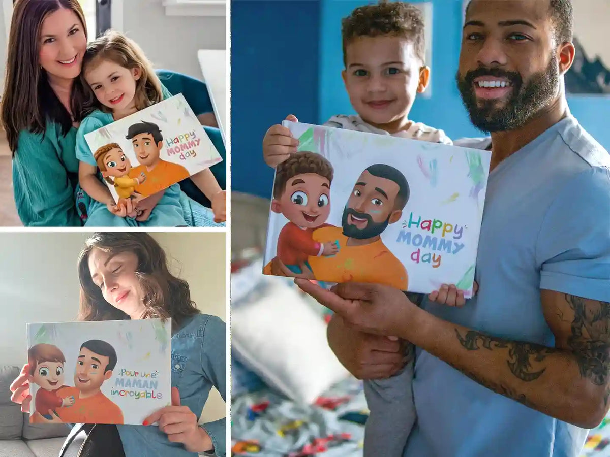 Happy parents with their new personalized book for mom and kid, which is a great gift for Mother's Day.