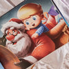 An illustration from the Hooray Heroes Christmas book features a personalized character of a little boy showing something to Santa Claus.