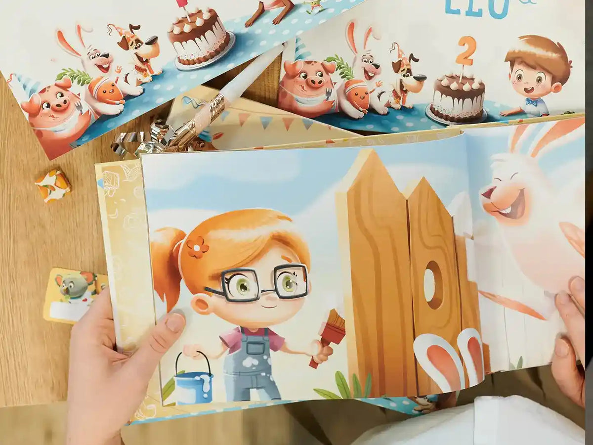 Colorful illustration of the personalized storybook about child's 2nd birthday.