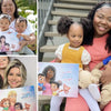 Happy moms and their adorable kids with their awesome Mother's Day gift, a DIY personalized book for mom and kids.