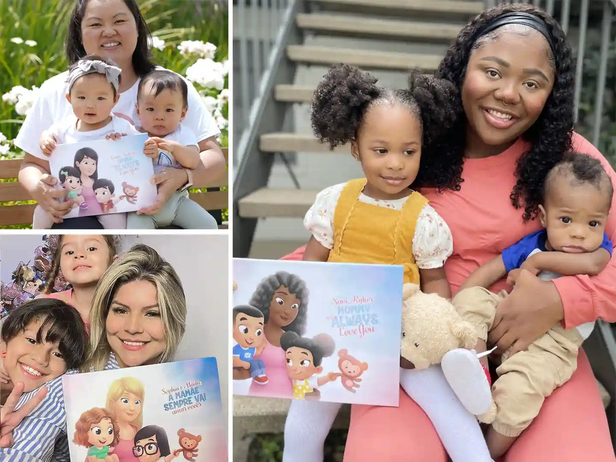 Happy moms and their adorable kids with their awesome Mother's Day gift, a DIY personalized book for mom and kids.