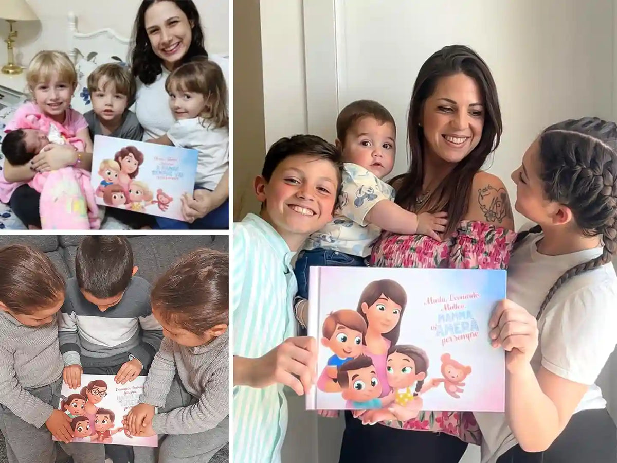 Smiling moms and their kids are enjoying their personalized book for more kids.
