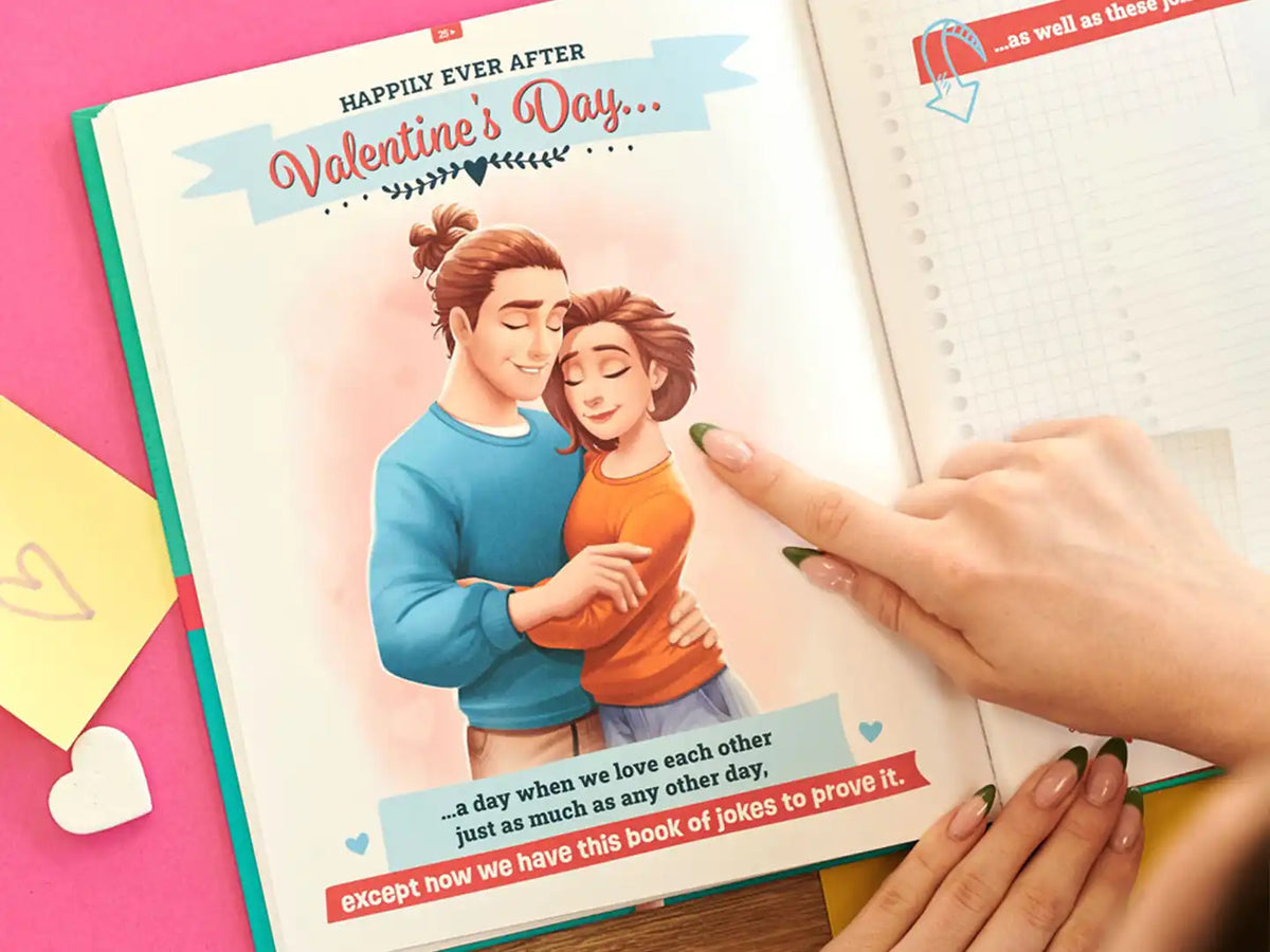 Cute customized illustration of a couple from personalized funny jokes book about love and Valentine's day.