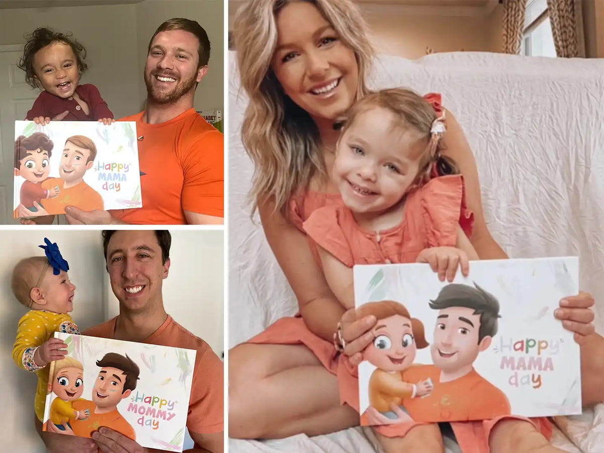 Parents and their kids with a new personalized book for mom, which often brings tears of joy to mothers.