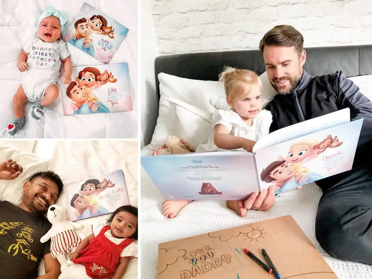 Happy dads with their kids lying on the bed and enjoying their personalized keepsake that is just about them.