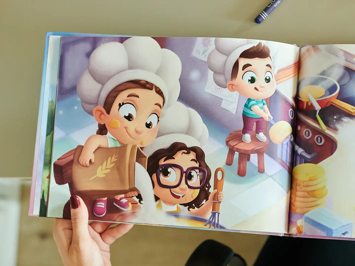 Colorful pages from the personalized book for dad and his three kids which is a great gift for Christmas.