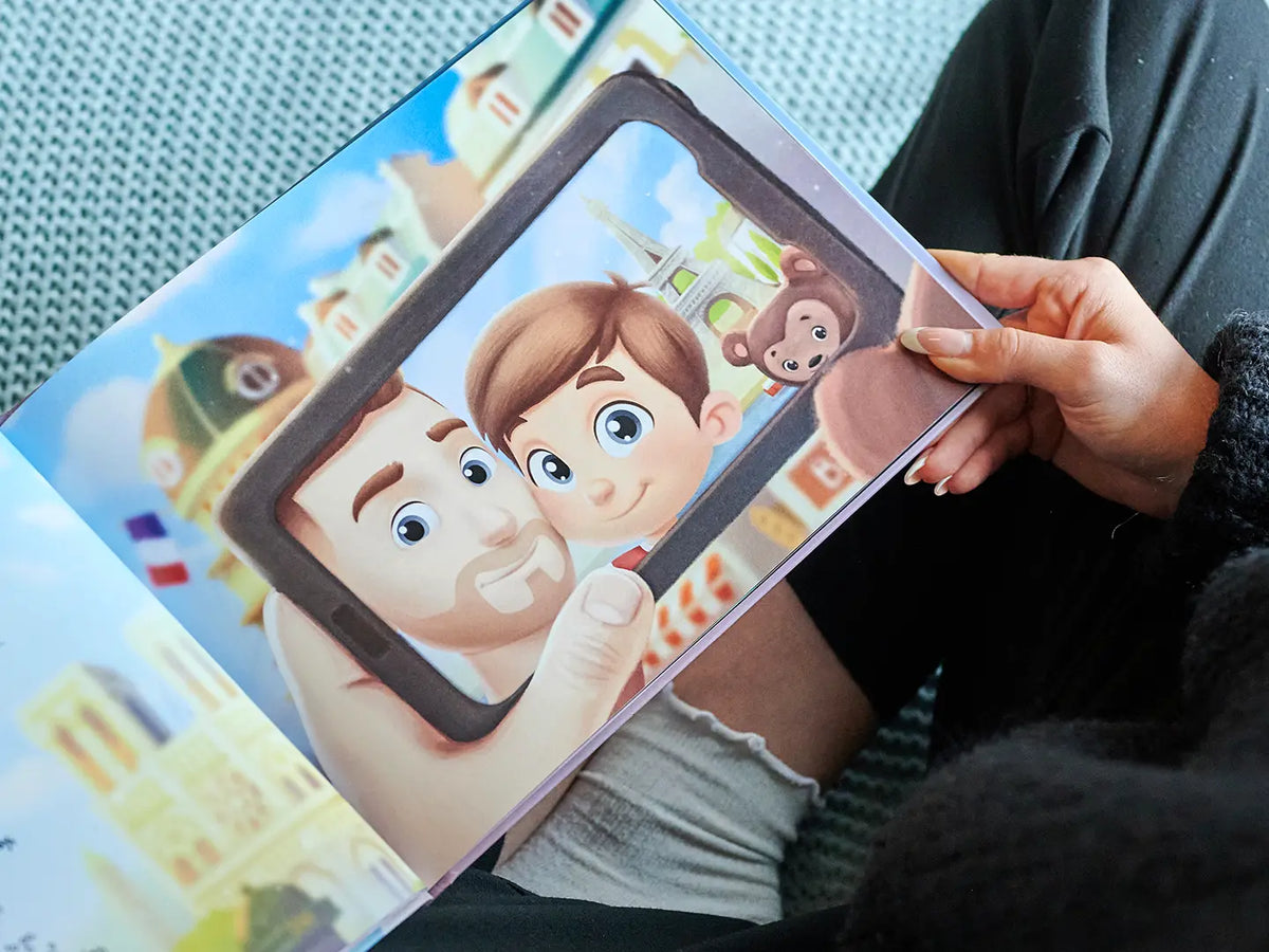 Dad and kid selfie from our premium personalized storybook for fathers.