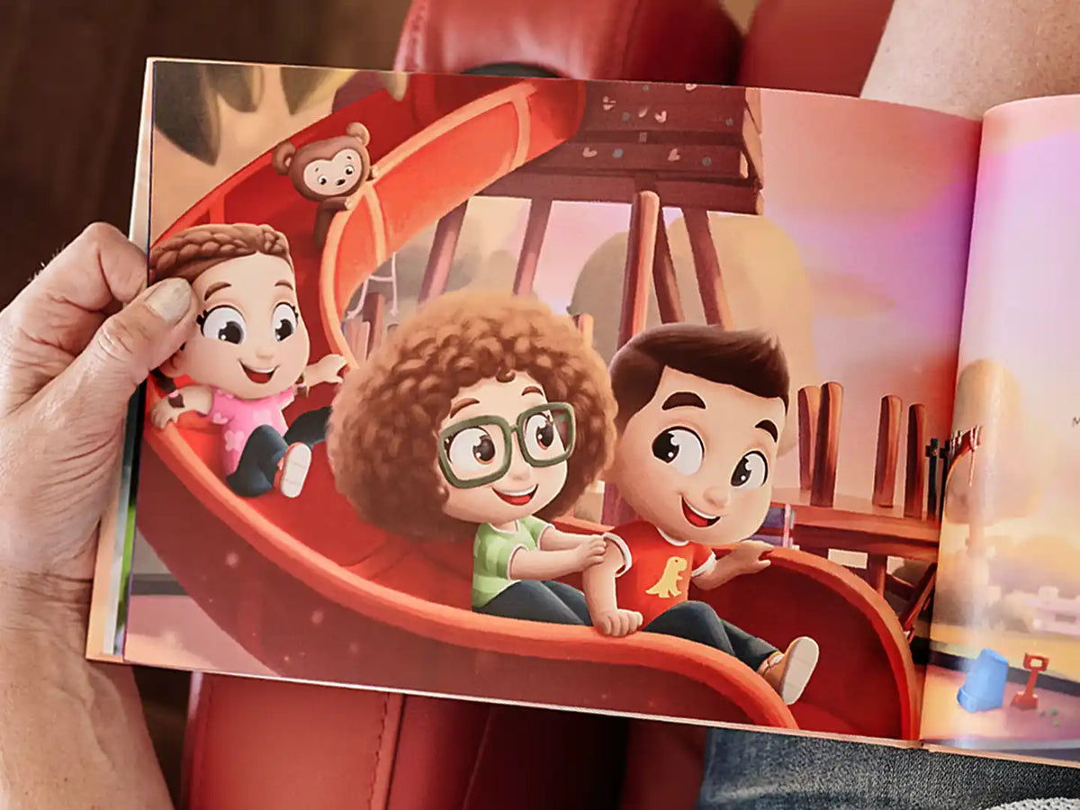 Taking the kids to toboggan is one of the stories of this personalized book for granny and grandpa.