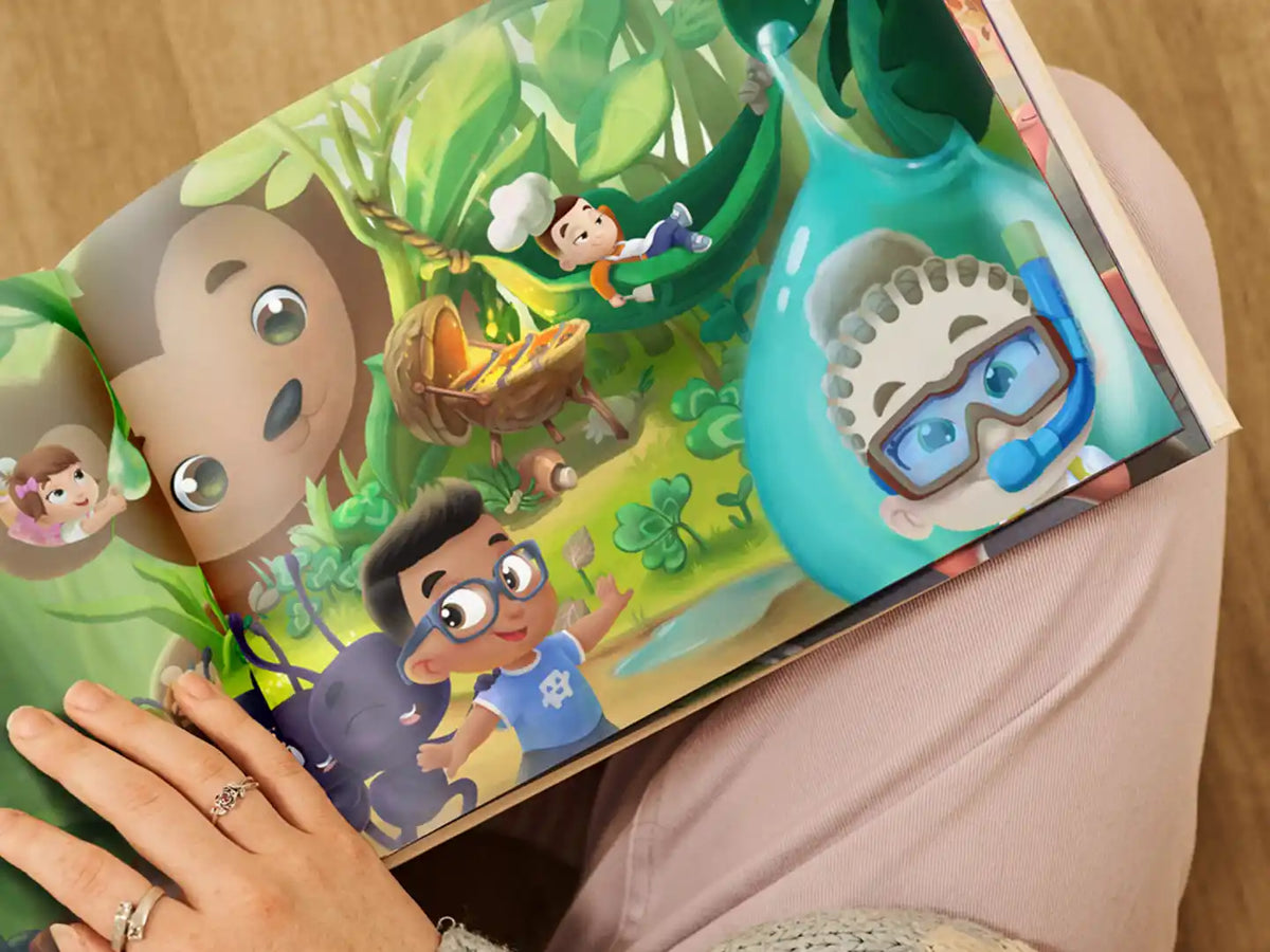 Colorful illustration about kids being small like insects from our custom book for four siblings.