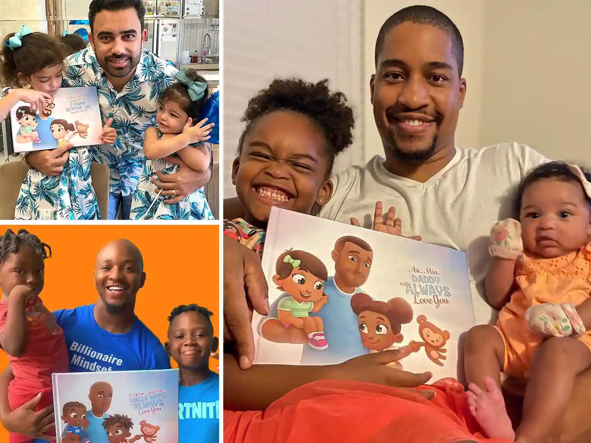 Peronalized book for dads and their kids makes them smile with happiness.