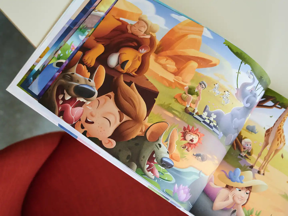 Illustration from the personalized book for families where the family is friends with African animals.