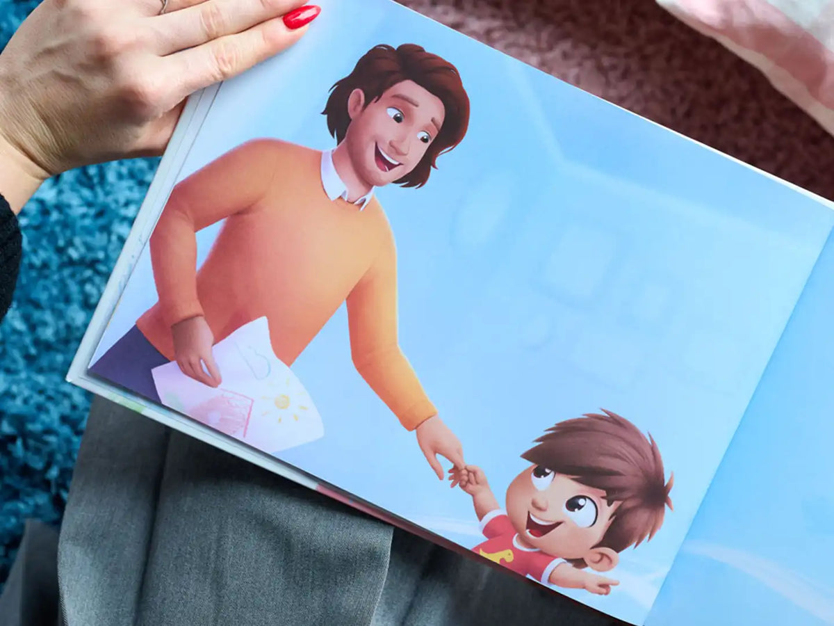A custom illustration of dad and kid in our new personalized storybook for dads which is a great gift for Father's Day.