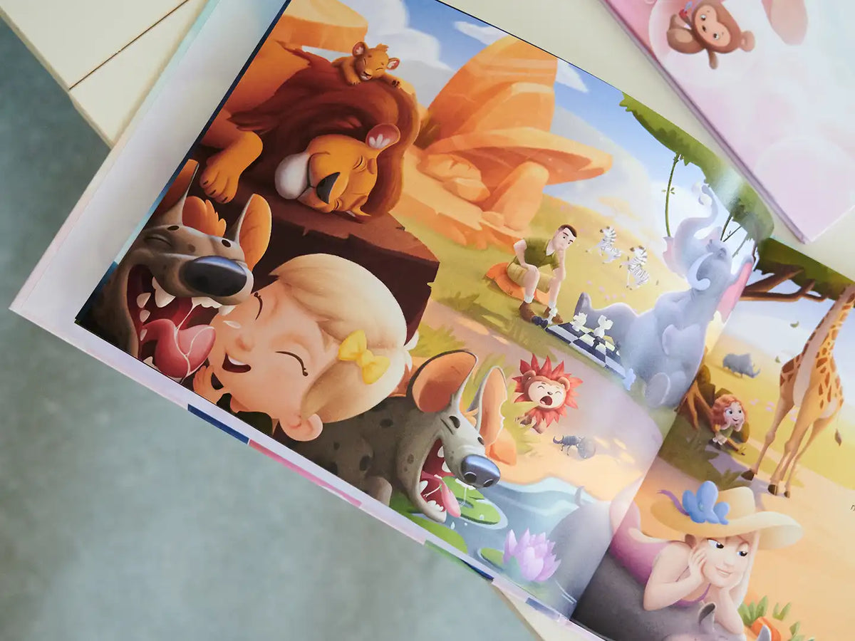 Illustration from the personalized book for families where the family is friends with African animals.