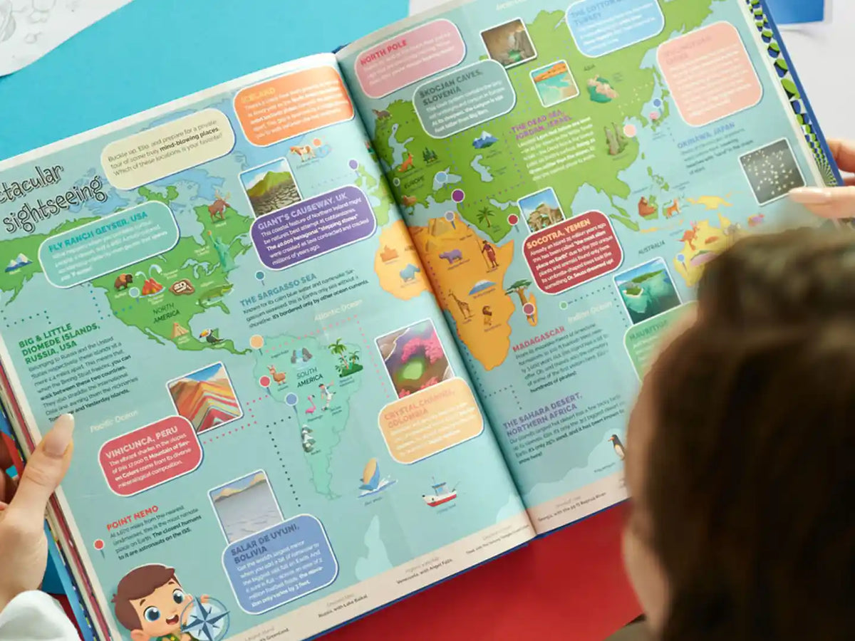 Pages from the personalized ecyclopedia that show interesting facts about traveling and sightseeing perfect for young travellers.