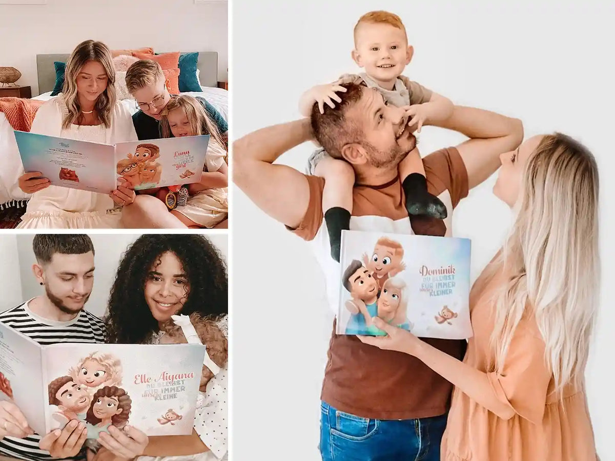 Happy parents and their kid enjoying a personalized book starring both parents and their child.
