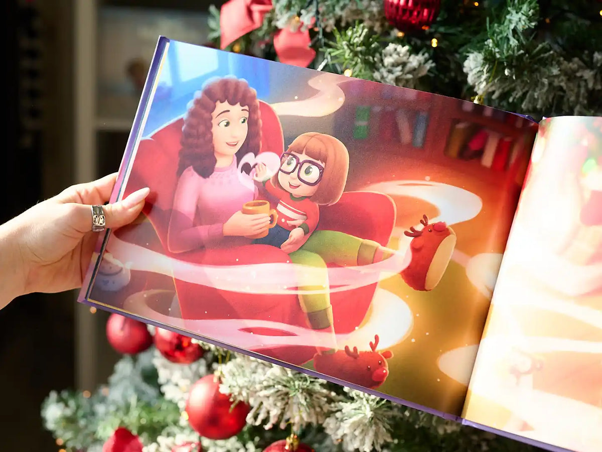 A cute illustration from a personalized First Christmas book for mommy and her little one.