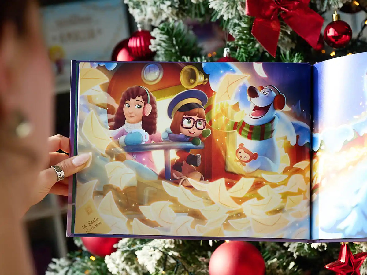 A vibrant illustration from a personalized xmas book.