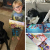 Two children cuddled up with their dog and a beautifully illustrated custom book – gift for kids and dog alike.