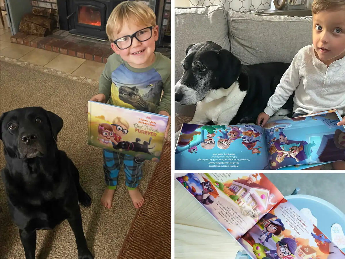 Two children cuddled up with their dog and a beautifully illustrated custom book – gift for kids and dog alike.