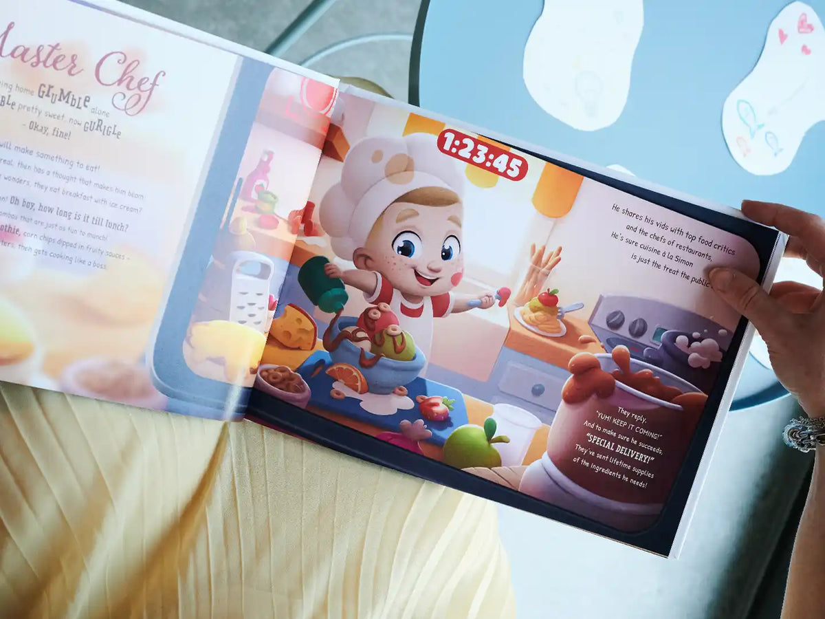 Little chef making a mess in the kitchen from our personalized home alone book for one child.