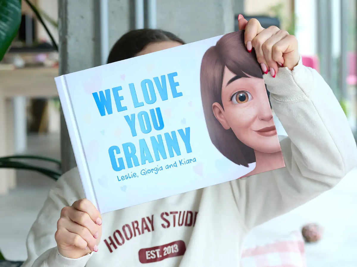 The cover of a new personalized Hooray Heroes book for grandma from her three grandkids.