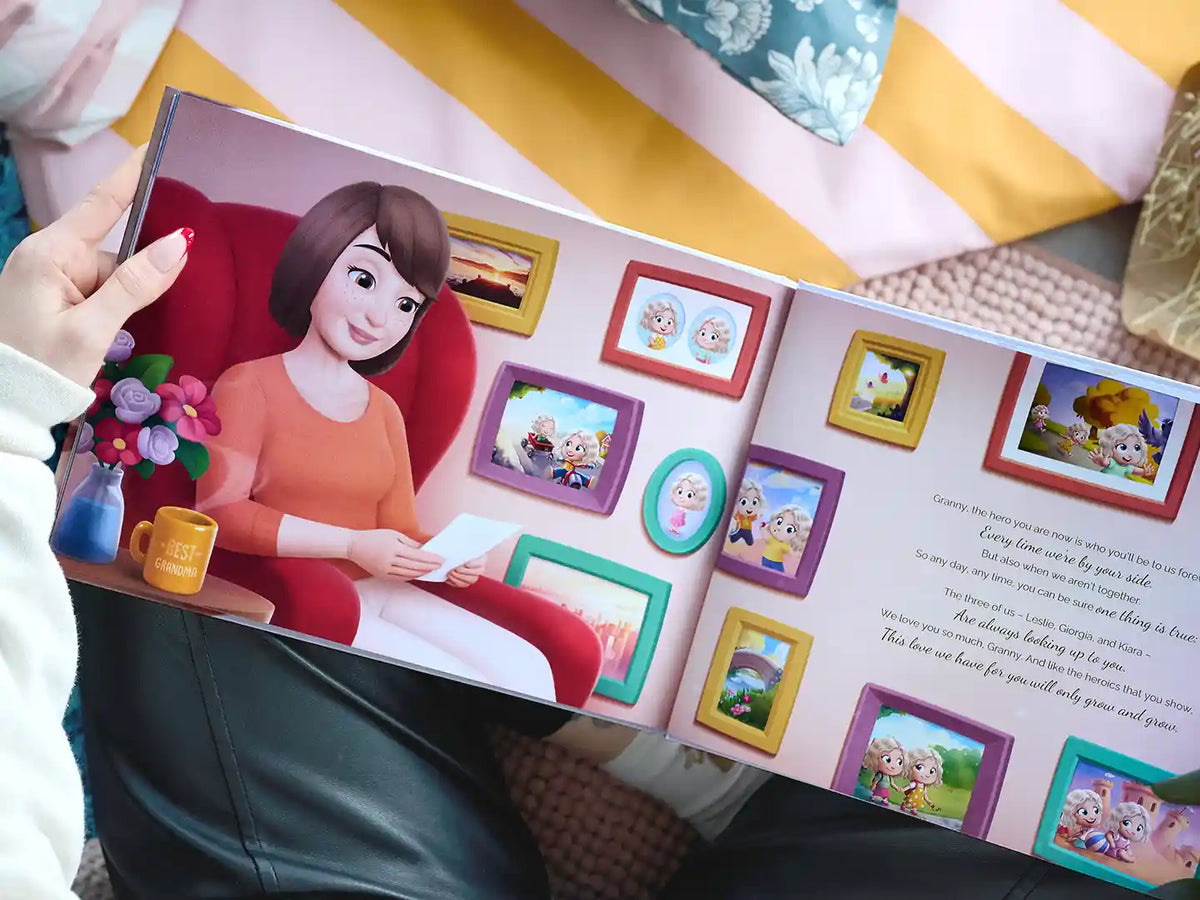 A personalized grandma book featuring her and three grandkids.