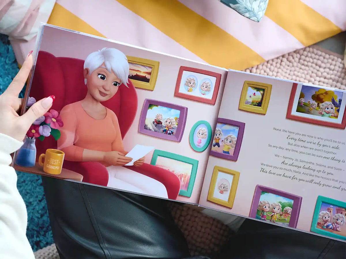 A personalized grandma book featuring her and four grandkids.