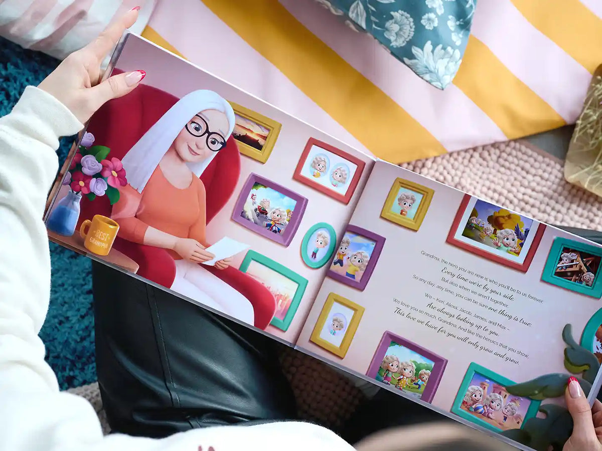 A personalized grandma book featuring her and five grandkids.