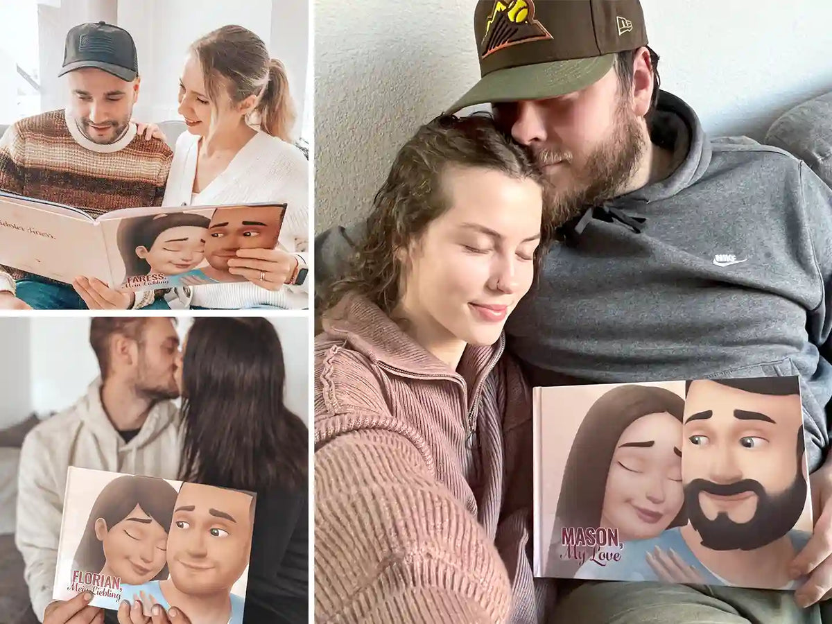 Couples enjoying their personalized book, which is a perfect gift for girlfriend or boyfriend.