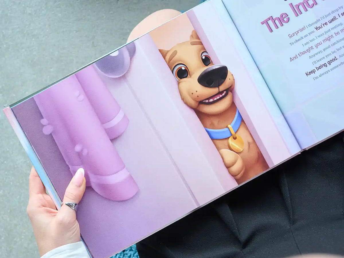 Close-up of an illustrated page from a personalized dog book, showing a cute cartoon dog peeking through a doorway with a happy expression.