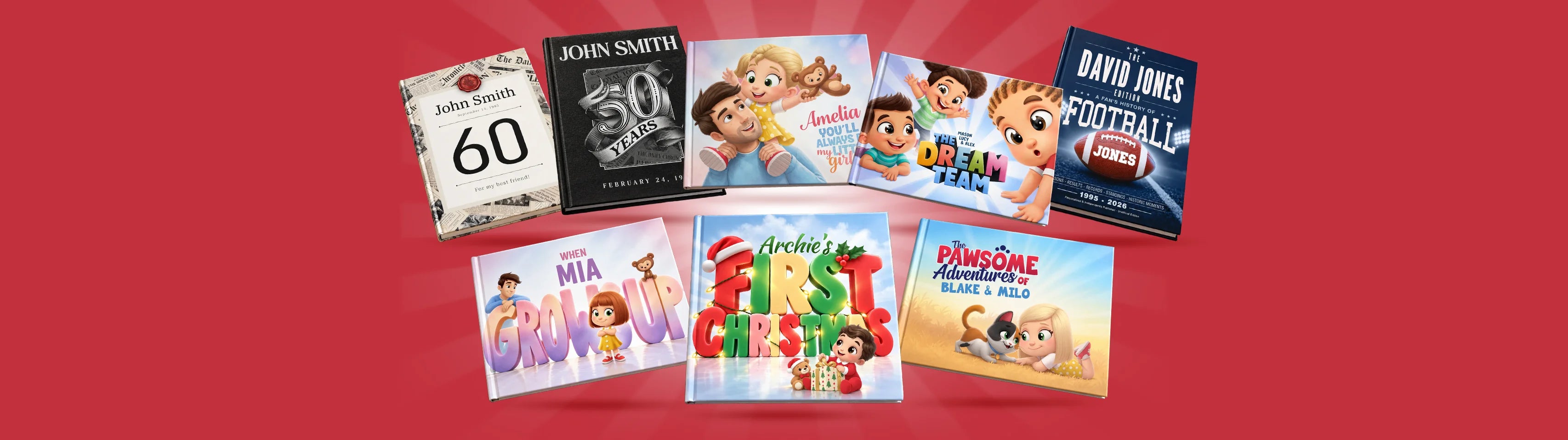 A selection of personalized Hooray Heroes books, from first Christmas and milestone birthdays to sports and pet adventures.