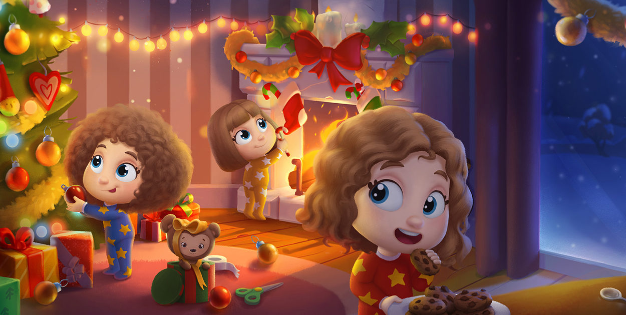 Three girls, decorating the room, in the illustration from the personalized Christmas book by Hooray Heroes.