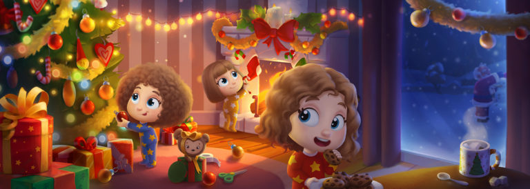 Three girls, decorating the room, in the illustration from the personalized Christmas book by Hooray Heroes.