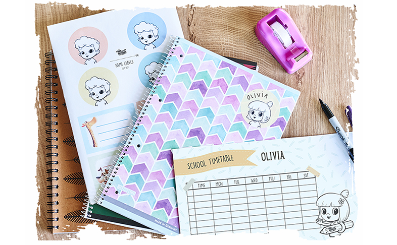 Back to school coloring book templates. Timetables, stickers, name tags.
