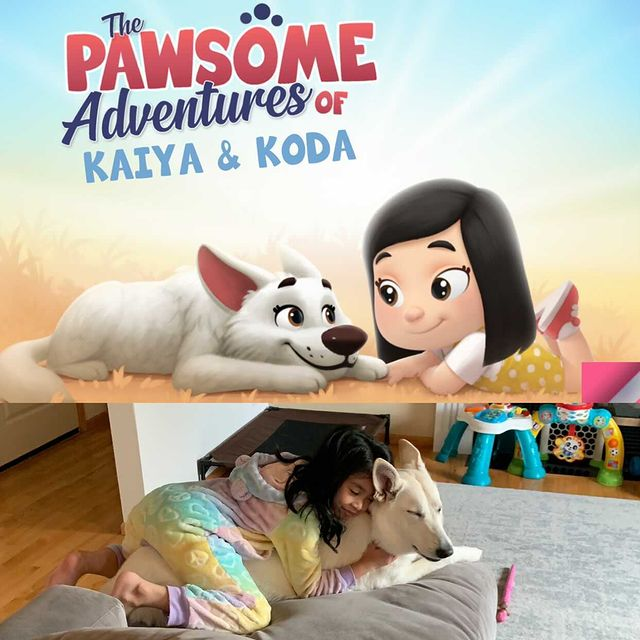 A little girl hugs her dog alongside an image of their own personalized book for kid and doggo.