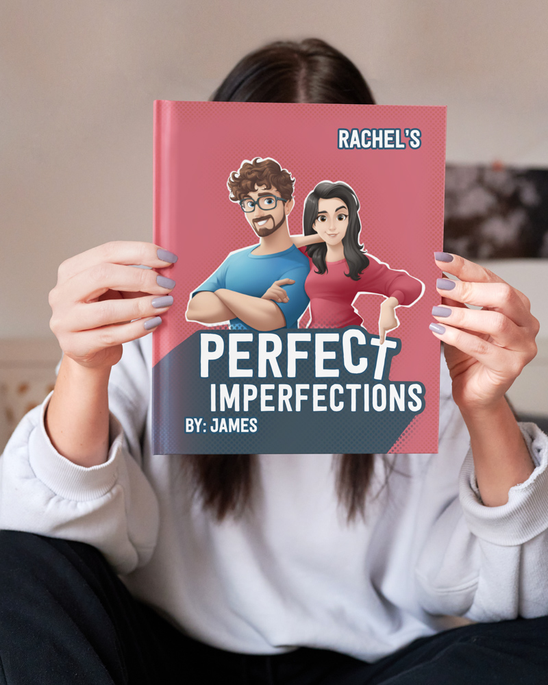 A girl holding up Hooray Heroes' Personalised book for couples - Rachel's Perfect Imperfections, by James.
